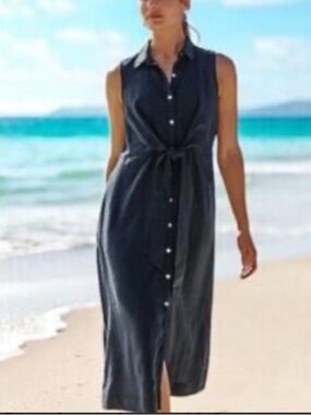J. Jill Love Linen Navy Button Front Shirt Tie Dress Size XL